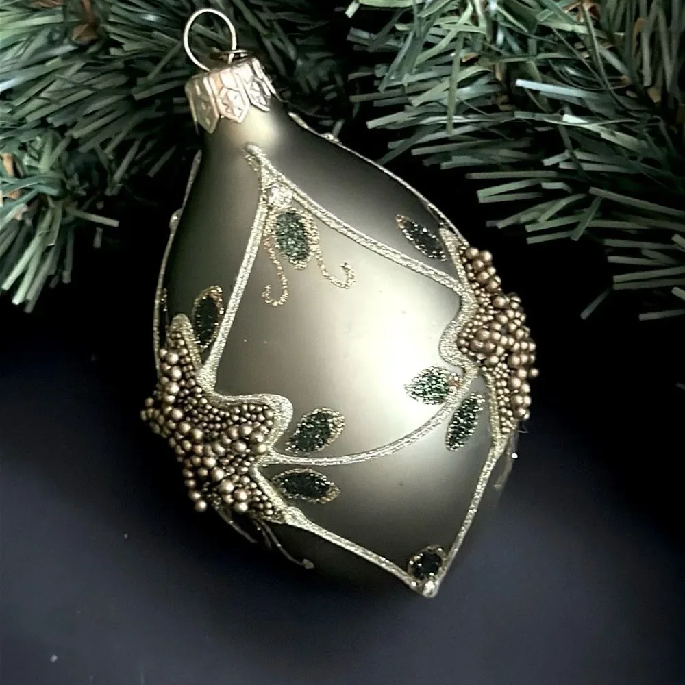 Department 56 Poland Glass Christmas Tree Ornament Olive Green Beaded